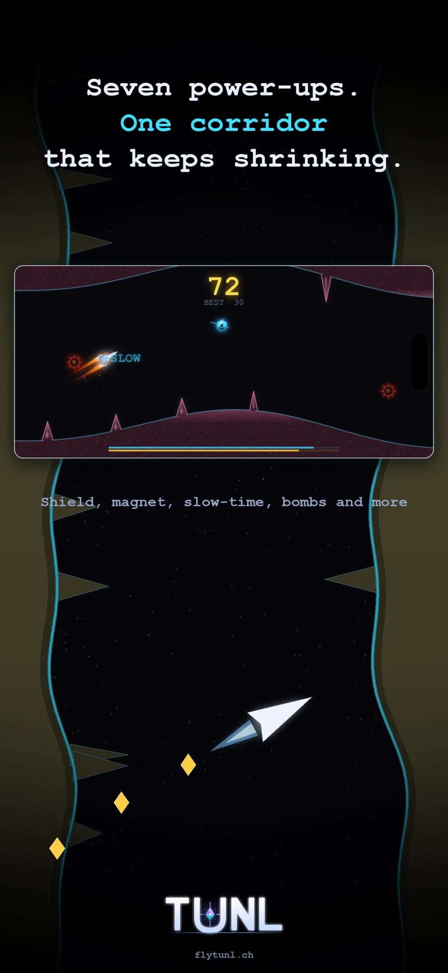 TUNL Power-ups - Schild, Magnet, Zeitlupe und Bomben in einem schrumpfenden Korridor