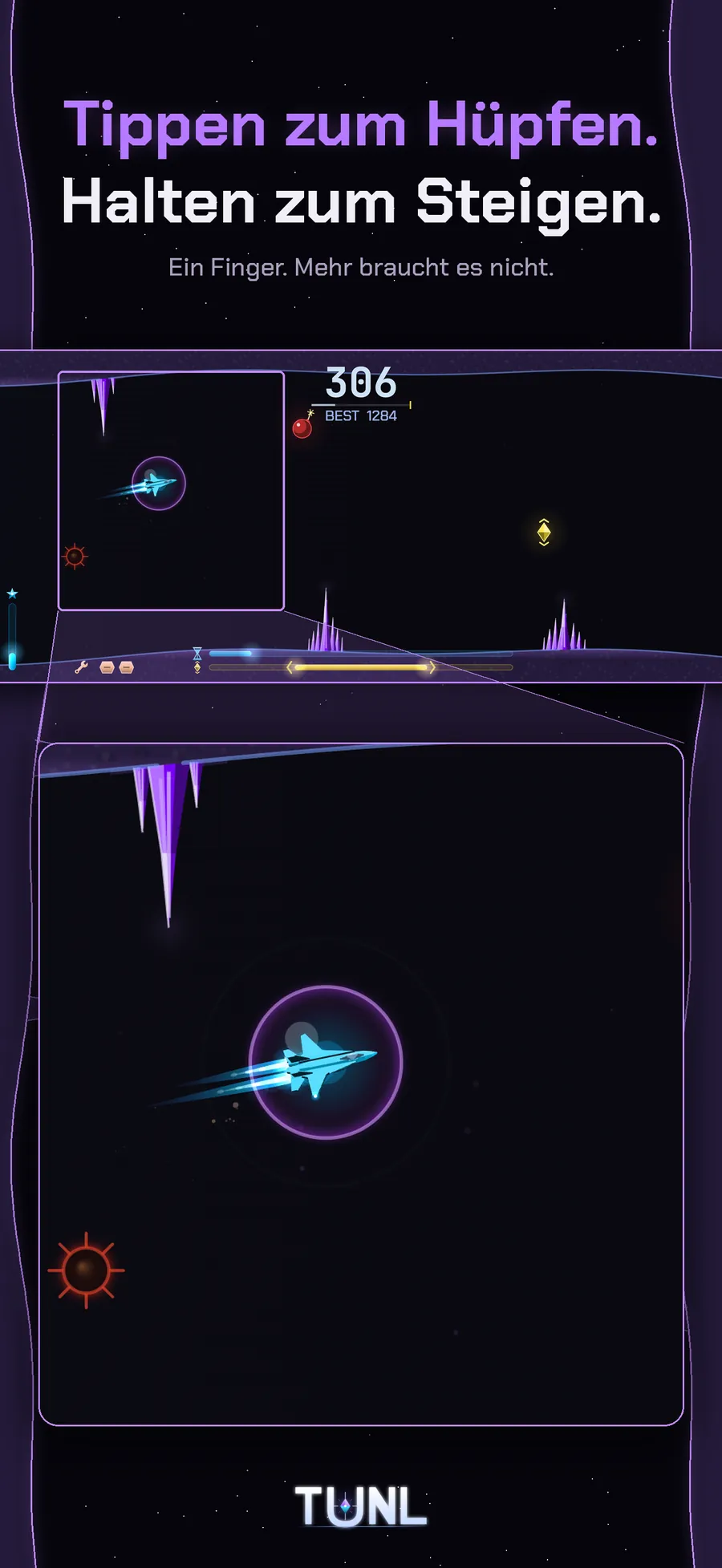 TUNL Gameplay - tippen für einen Hüpfer, halten zum Steigen, eine Berührung ist das ganze Spiel