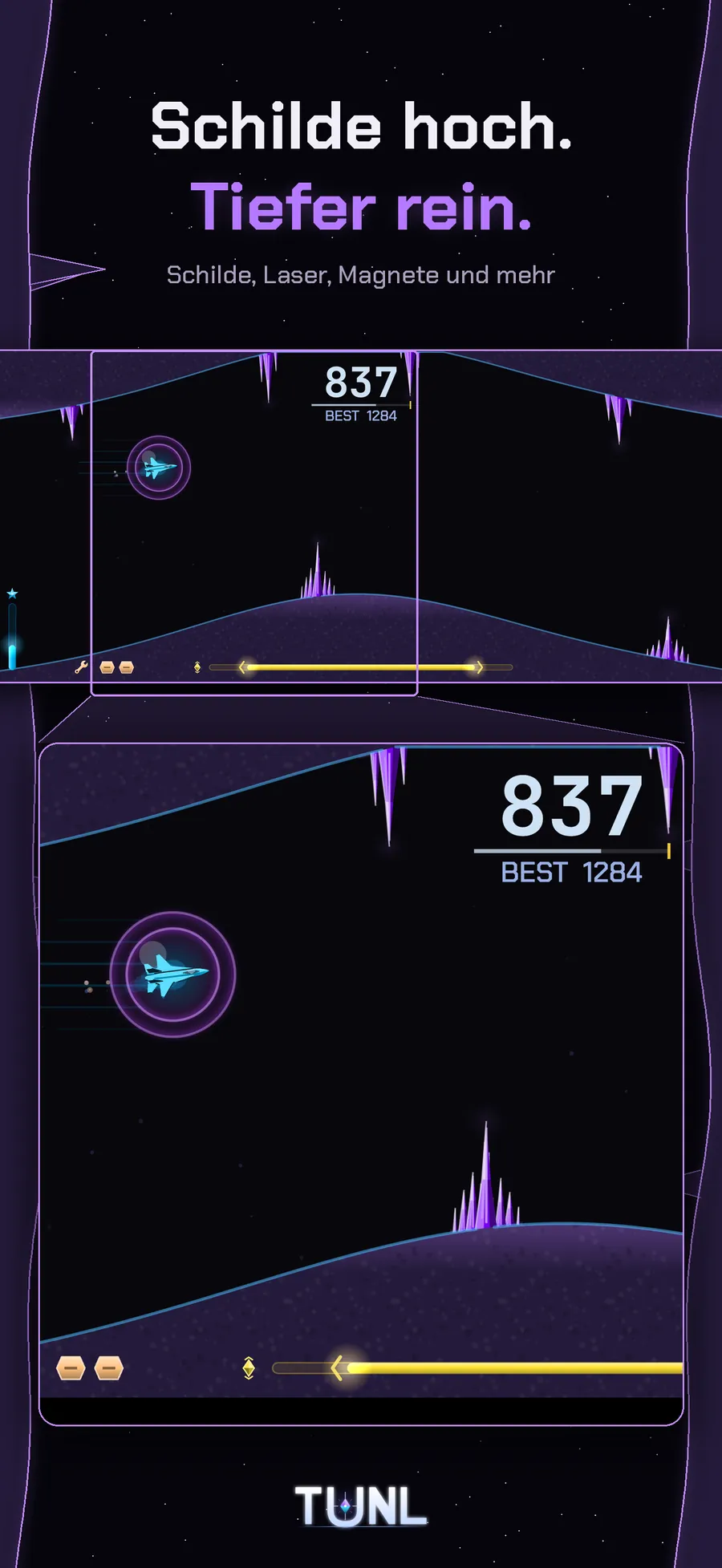 TUNL Power-ups - Schilde, Laser, Magnete und mehr, immer tiefer hinein