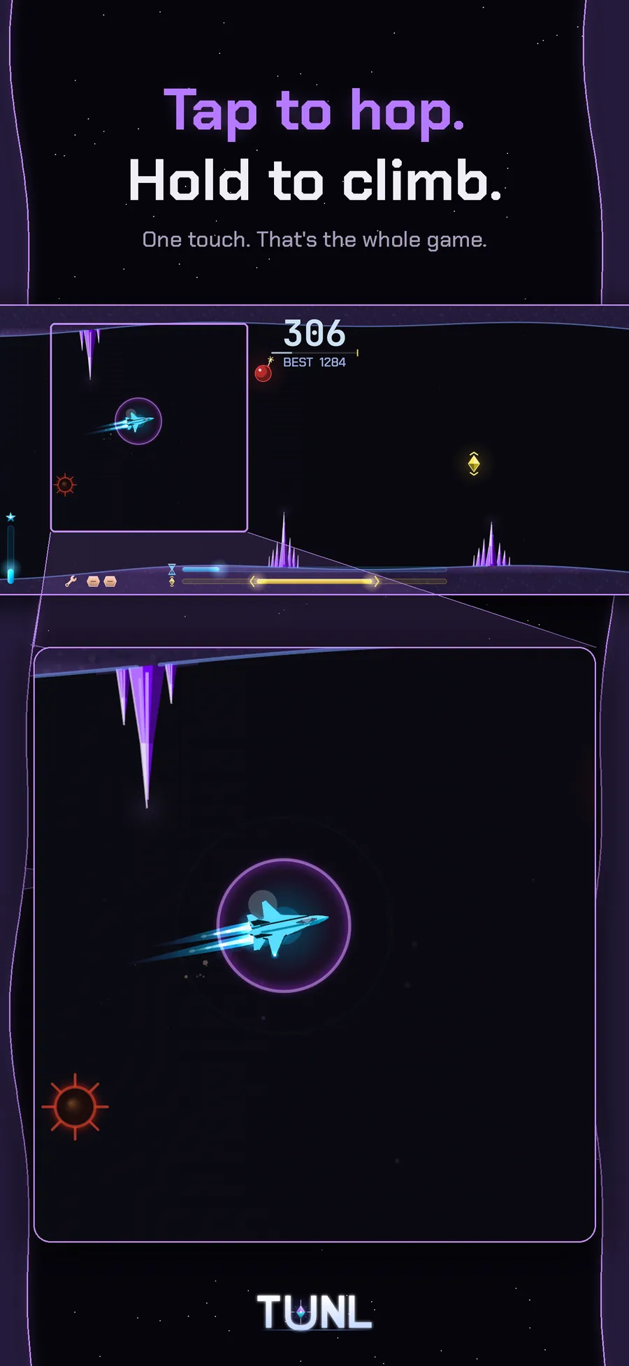 TUNL gameplay - tap to hop, hold to climb, one touch is the whole game