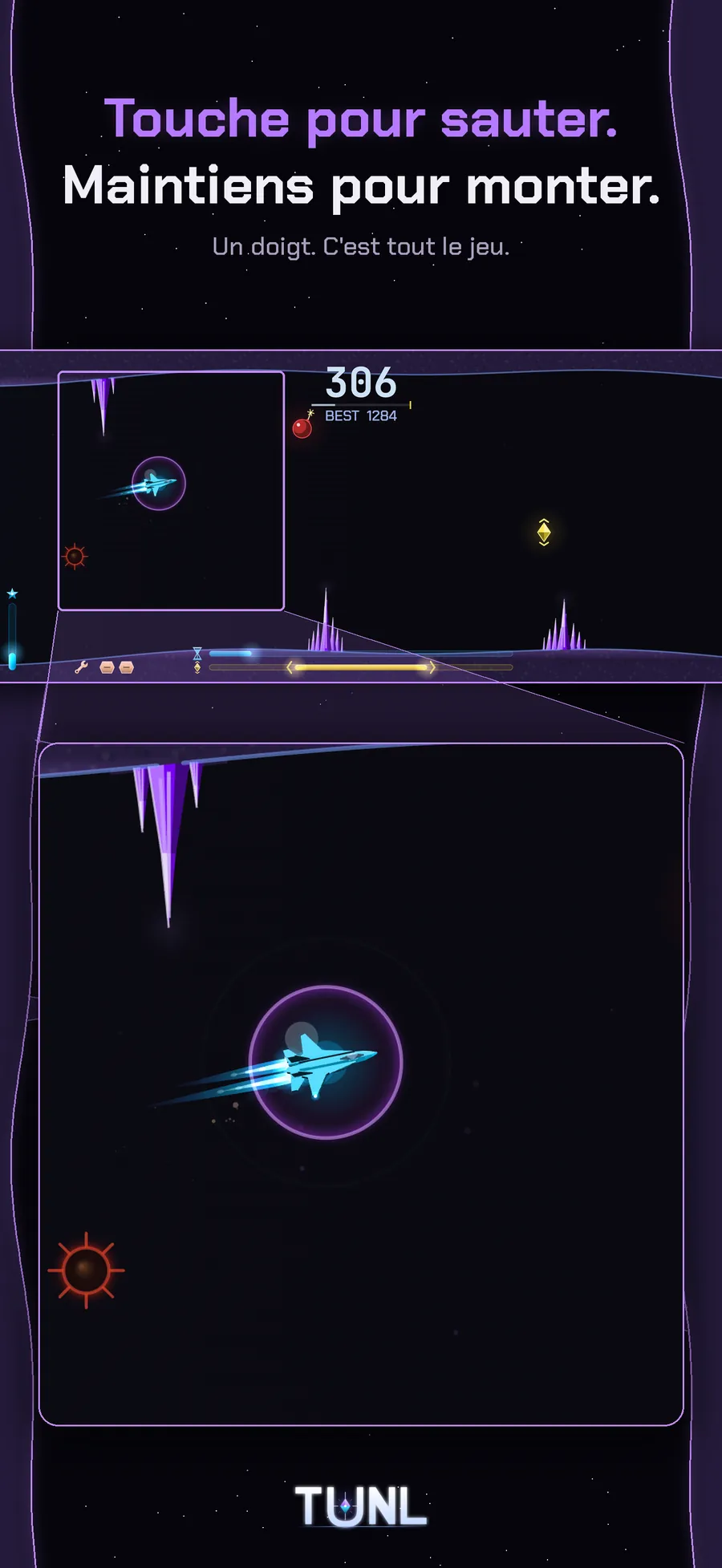 Gameplay de TUNL - touche pour un saut, maintiens pour monter, une seule touche suffit