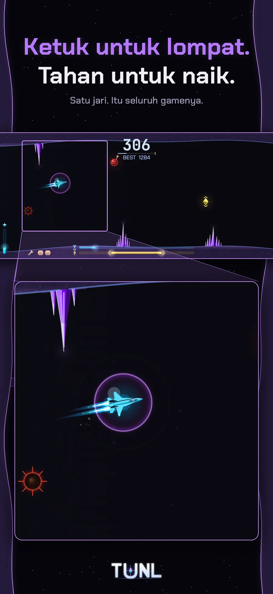 Gameplay TUNL - ketuk untuk melompat, tahan untuk naik, satu sentuhan adalah seluruh permainan