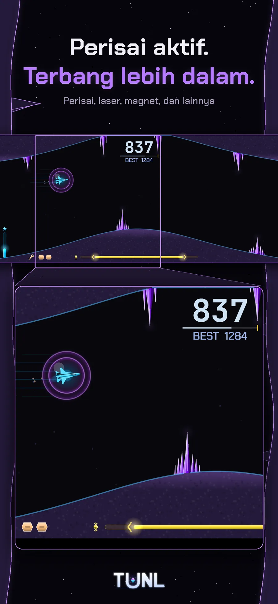 Power-up TUNL - perisai, laser, magnet, dan lainnya, makin dalam makin banyak