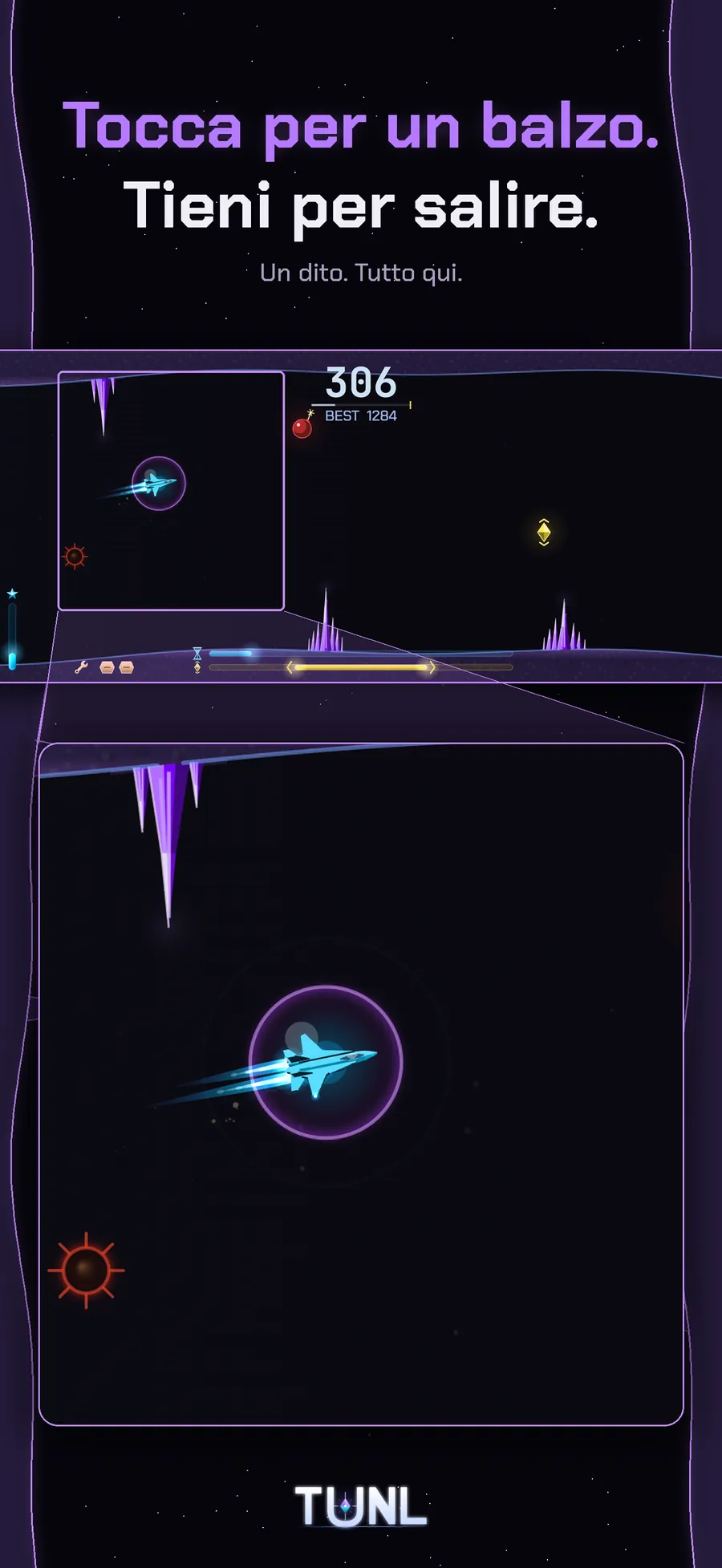 Gameplay di TUNL - tocca per un balzo, tieni premuto per salire, un solo tocco è tutto il gioco