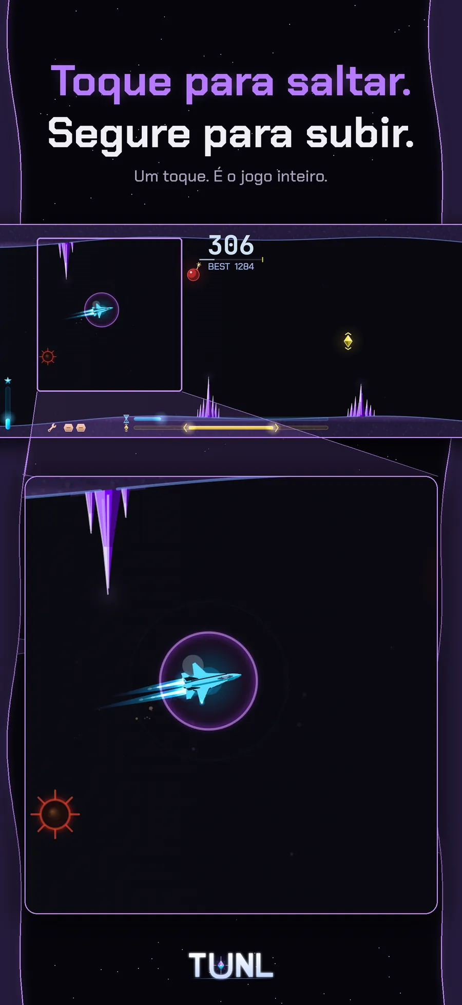 Jogabilidade de TUNL - toque para dar um salto, segure para subir, um toque é o jogo inteiro