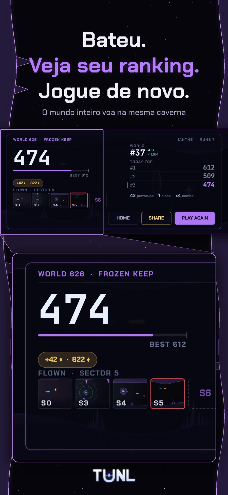 Tela de resumo do TUNL - veja seu ranking, o mundo inteiro voa na mesma caverna